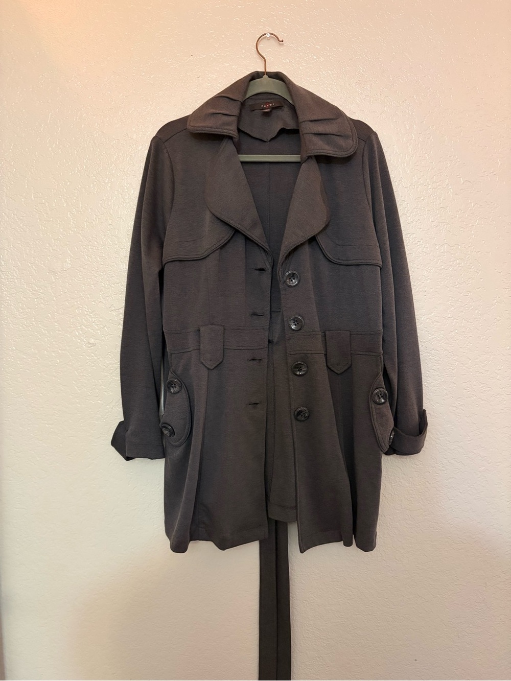 Fever Dark Gray Button-Front Trench Coat with Belt